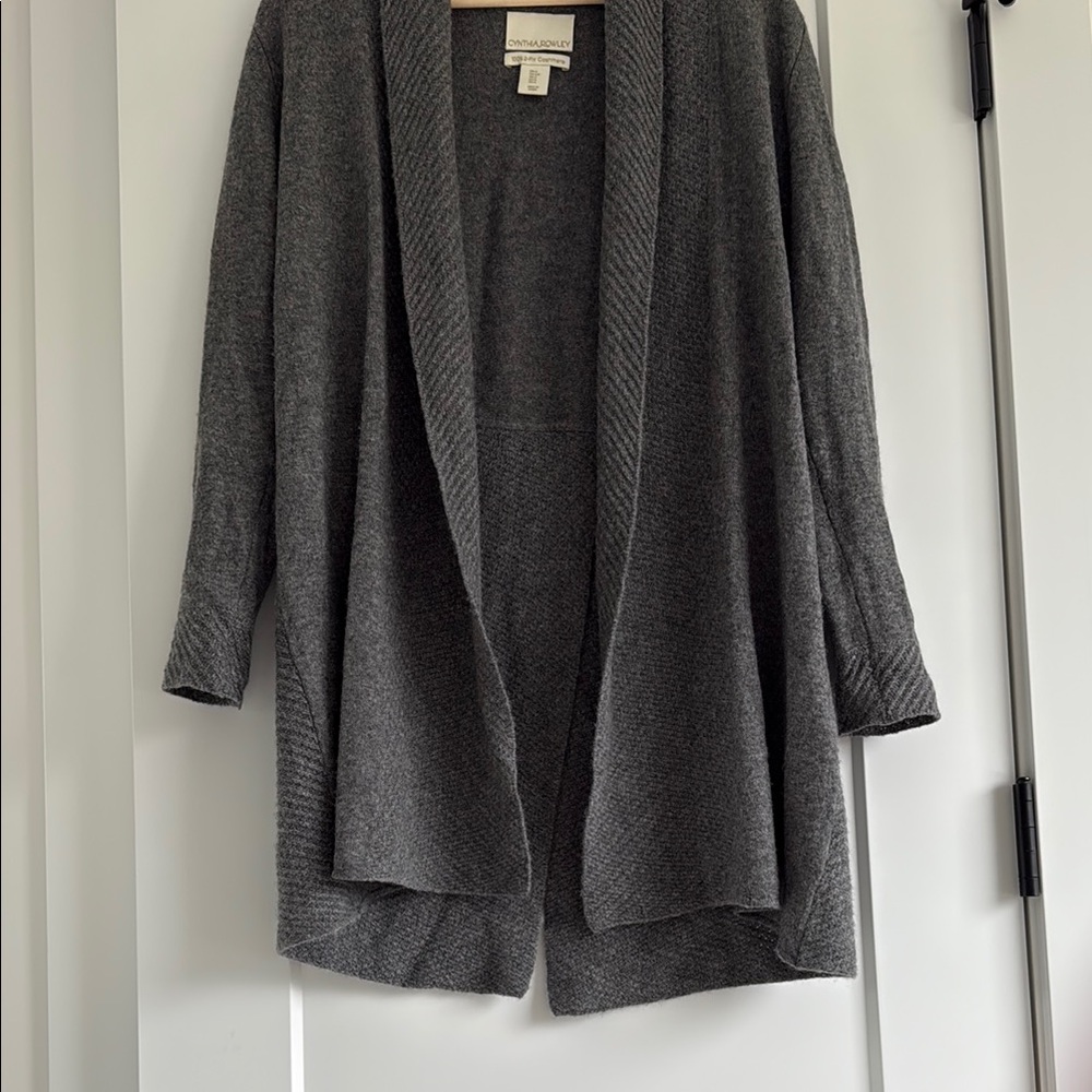 Cynthia Rowley 100% 2- ply cashmere dark grey draped open cardigan. Size S